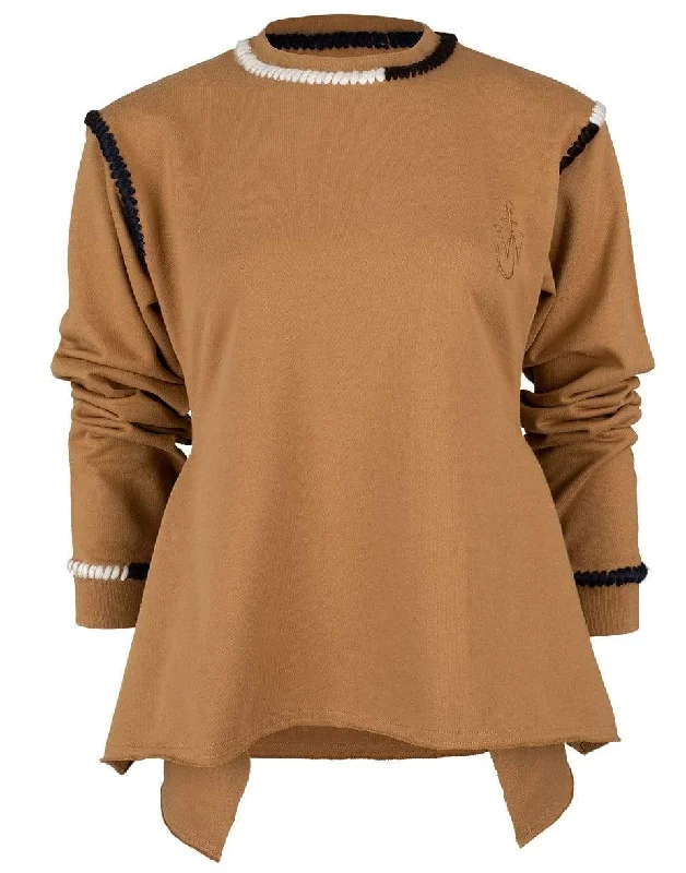 Tobacco Asymmetric Contrast Stitch Sweatshirt Hoodie with Half-Zip Sporty Casual