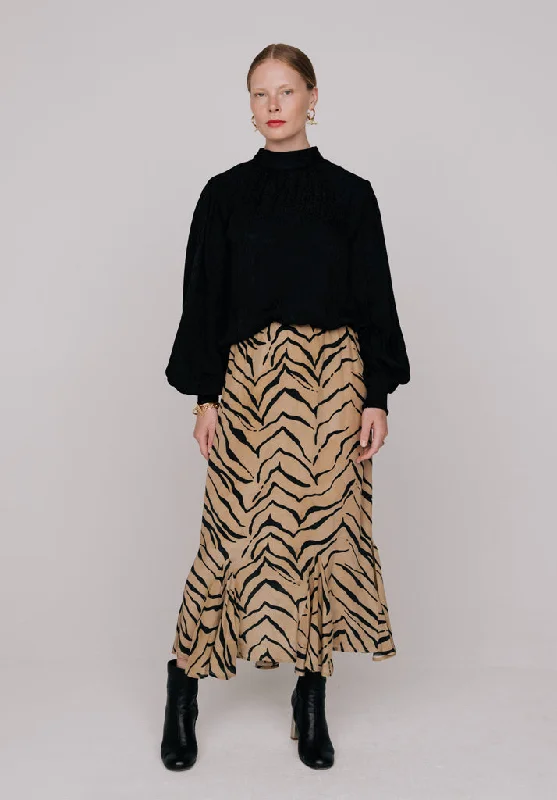 Ford Frill Detail Tiger Print Midi Skirt In Brown pleated skirt texture
