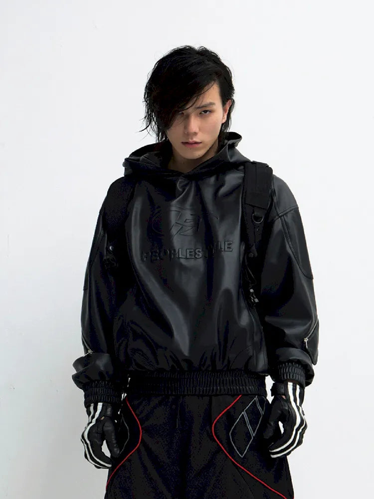 PU Leather Black Hooded Sweatshirt【s0000011348】 Hoodie with Bell Sleeves Flared Feminine