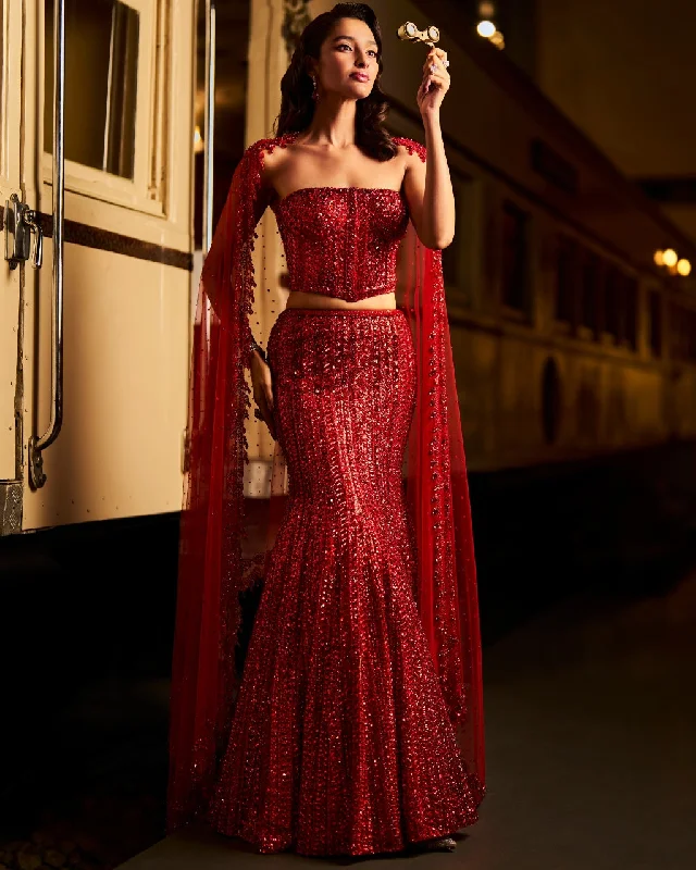 Red Corset Skirt Set wool skirt breathable