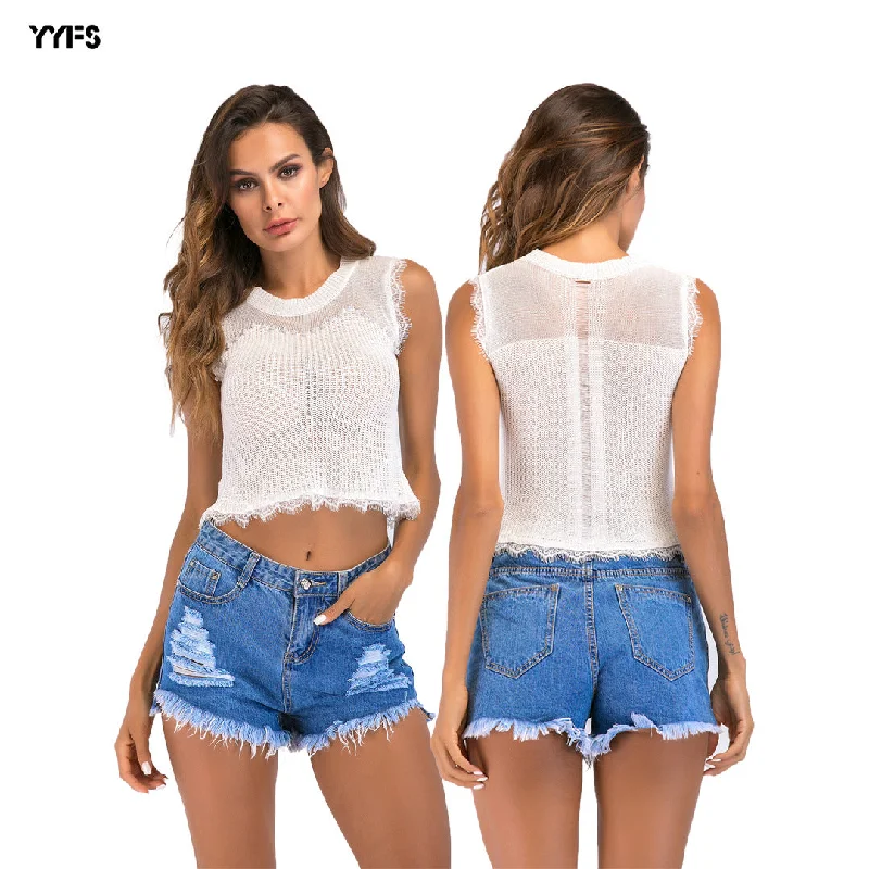 IKEARLAX 2025 women's clothing sexy exposed navel vest women's popular fashion bead hollow lace splicing sleeveless short knitted sweater High Neck Crew Neck V-Neck IKEARLAX 2025 women's clothing sexy exposed navel vest women's popular fashion bead hollow lace splicing sleeveless short knitted sweater High Neck Crew Neck V-Neck