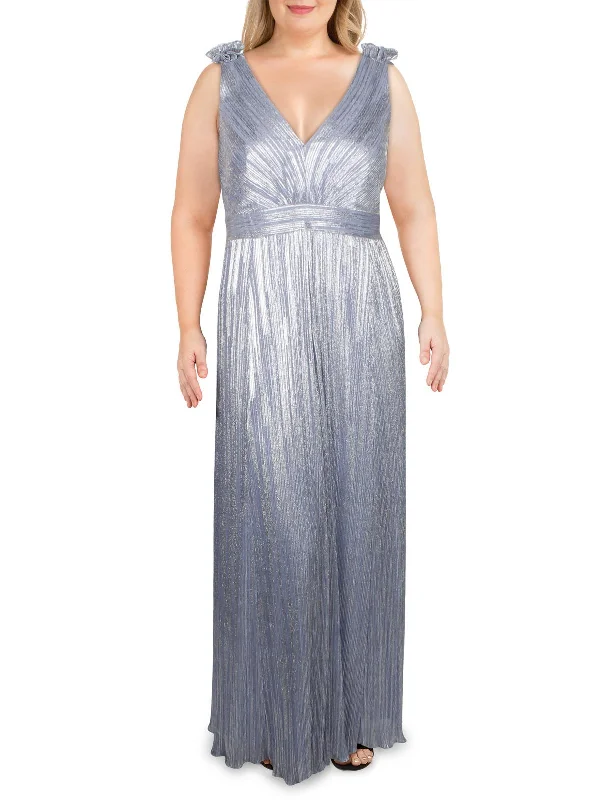 Plus Womens V-Neck Metallic Formal Dress