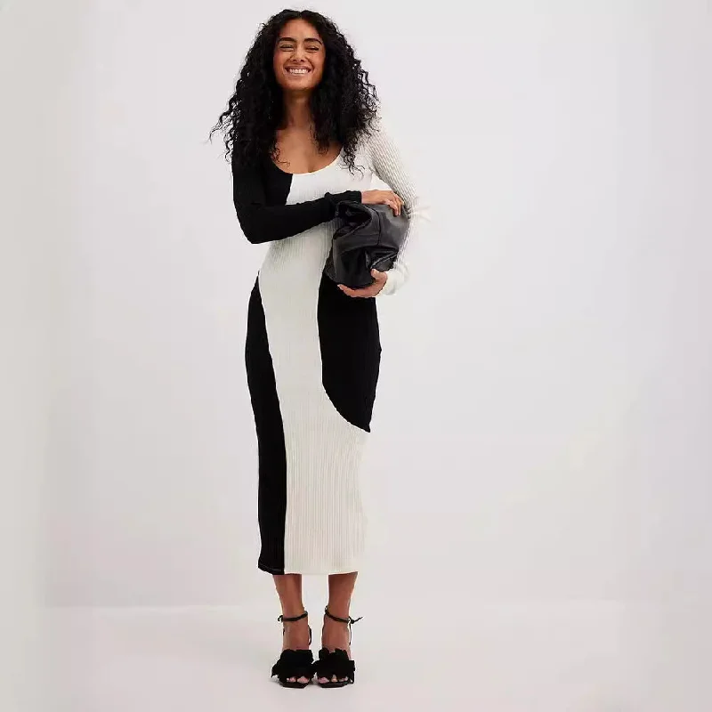 IKEARLAX Europe, America autumn and winter dress cross-border women's clothing new knitted 2025 trade black and white pair long-sleeved sweater dress Denim Fabric Leather Fabric Suede Fabric IKEARLAX Europe, America autumn and winter dress cross-border women's clothing new knitted 2025 trade black and white pair long-sleeved sweater dress Denim Fabric Leather Fabric Suede Fabric