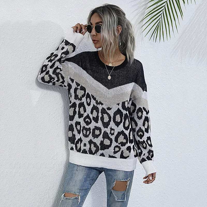 IKEARLAX New 2023 autumn and winter leopard print splicing contrasting colors loose 2025 crew neck knitted sweater women's jumper Hooded Caped Shawl Collar IKEARLAX New 2023 autumn and winter leopard print splicing contrasting colors loose 2025 crew neck knitted sweater women's jumper Hooded Caped Shawl Collar