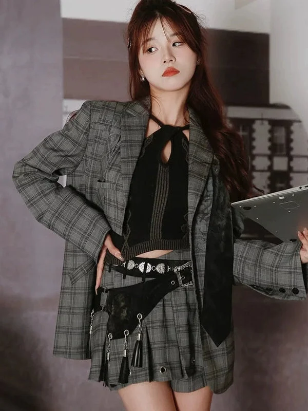 Graffiti Printed Plaid Loose Jacket & Pleated Culottes & Vest & Belt【s0000004001】 Fitted Jacket Loose Jacket Oversized Jacket Graffiti Printed Plaid Loose Jacket & Pleated Culottes & Vest & Belt【s0000004001】 Fitted Jacket Loose Jacket Oversized Jacket