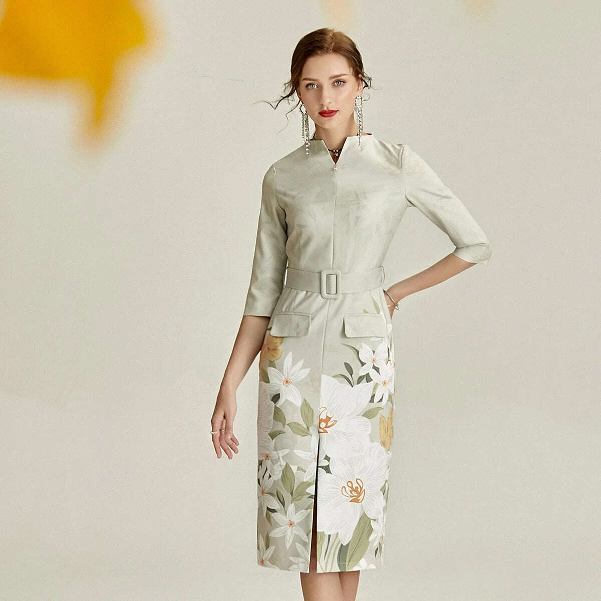 Autumn Straight Dress Office Lady Jacquard Pencil Dresses Three Quarter Party Evening Clothing Floral Dress Vintage