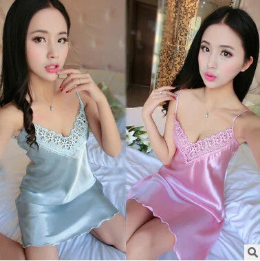 women's nightgown sleepwear sexy lace slips ladies silk slip dress