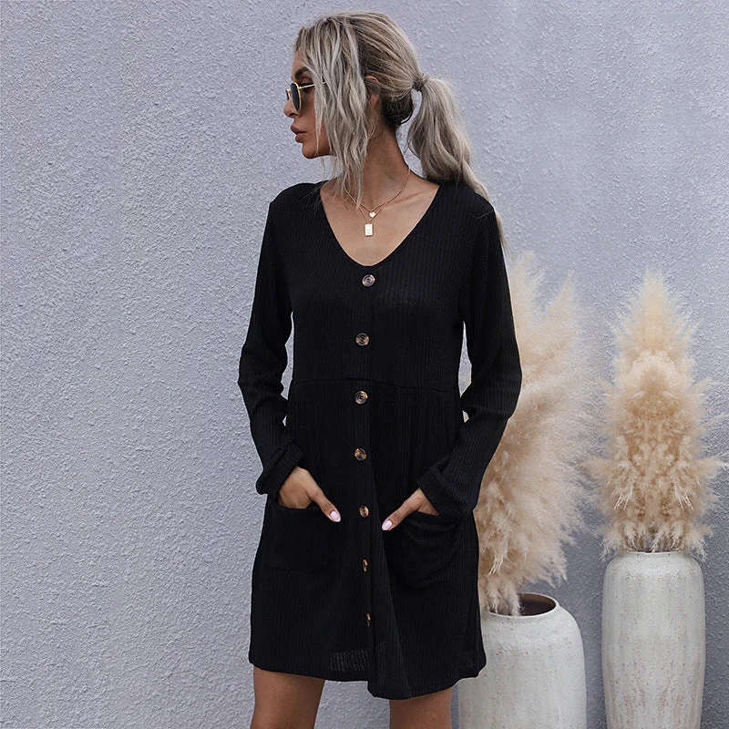 IKEARLAX New popular autumn and winter Popular and 2025 loose long-sleeved slim-fitting solid color v-neck knitted sweater dress women Fitted Loose Oversized IKEARLAX New popular autumn and winter Popular and 2025 loose long-sleeved slim-fitting solid color v-neck knitted sweater dress women Fitted Loose Oversized