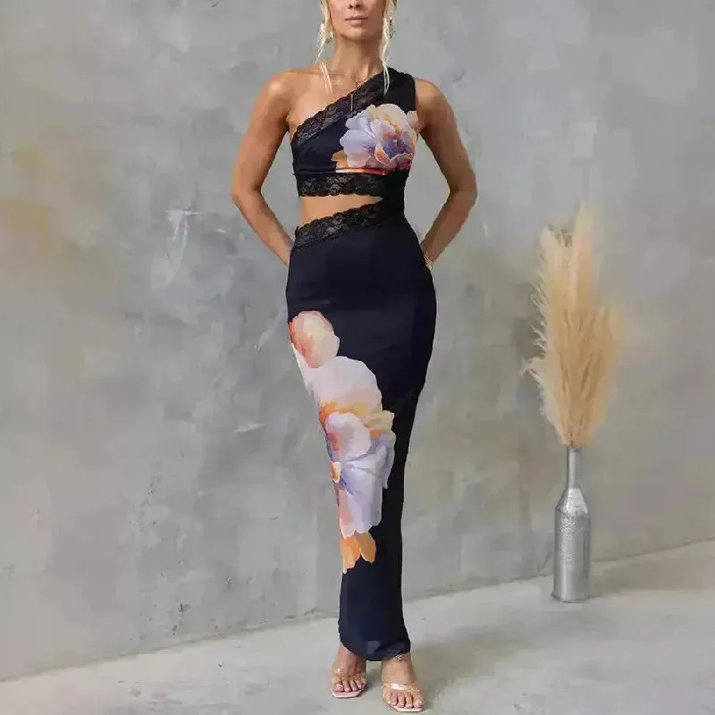 Women's One-shoulder Printed Voile Lace Slim Fit Two piece Dress