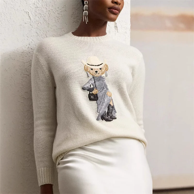 IKEARLAX 2025 Europe, America autumn and winter new women's clothing crew neck bear cartoon casual sweater star with the same long-sleeved knitted sweater Layered Multi-layer Single Layer IKEARLAX 2025 Europe, America autumn and winter new women's clothing crew neck bear cartoon casual sweater star with the same long-sleeved knitted sweater Layered Multi-layer Single Layer