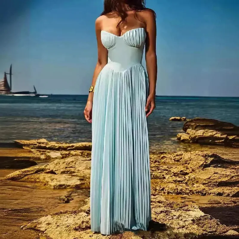 Luxury Blue Strapless Slimming Pleated Long Dress Elegant Tube Dress for Wedding Cocktail Evening Party Events.