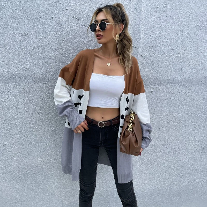 IKEARLAX New popular autumn new 2025 medium and long leopard print color matching cardigan knitted sweater jacket women Tailored Straight A-Line IKEARLAX New popular autumn new 2025 medium and long leopard print color matching cardigan knitted sweater jacket women Tailored Straight A-Line