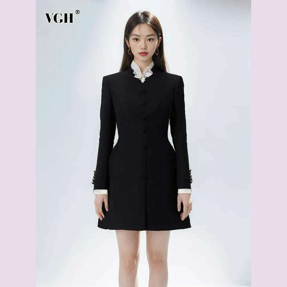 VGH Hit Color Patchwork Bowknot Slimming Dress For Women Stand Collar Long Sleeve High Waist Temperament Dresses Female Fashion