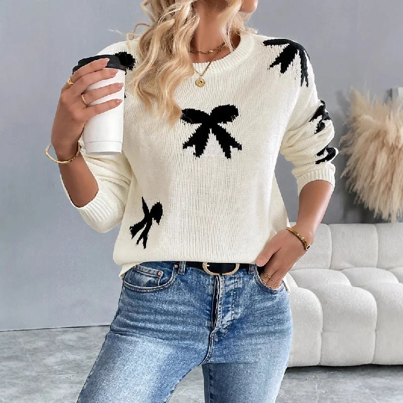IKEARLAX New new 2025 casual versatile simple high-end sweater round neck bow jacquard autumn and winter sweater women Bright Pastel Dark IKEARLAX New new 2025 casual versatile simple high-end sweater round neck bow jacquard autumn and winter sweater women Bright Pastel Dark