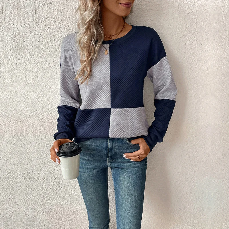 IKEARLAX 2025 women's clothing New autumn new cross-border long-sleeved color matching pullover round neck texture sweater women's models Wool Sweater Cotton Sweater Cashmere Sweater IKEARLAX 2025 women's clothing New autumn new cross-border long-sleeved color matching pullover round neck texture sweater women's models Wool Sweater Cotton Sweater Cashmere Sweater