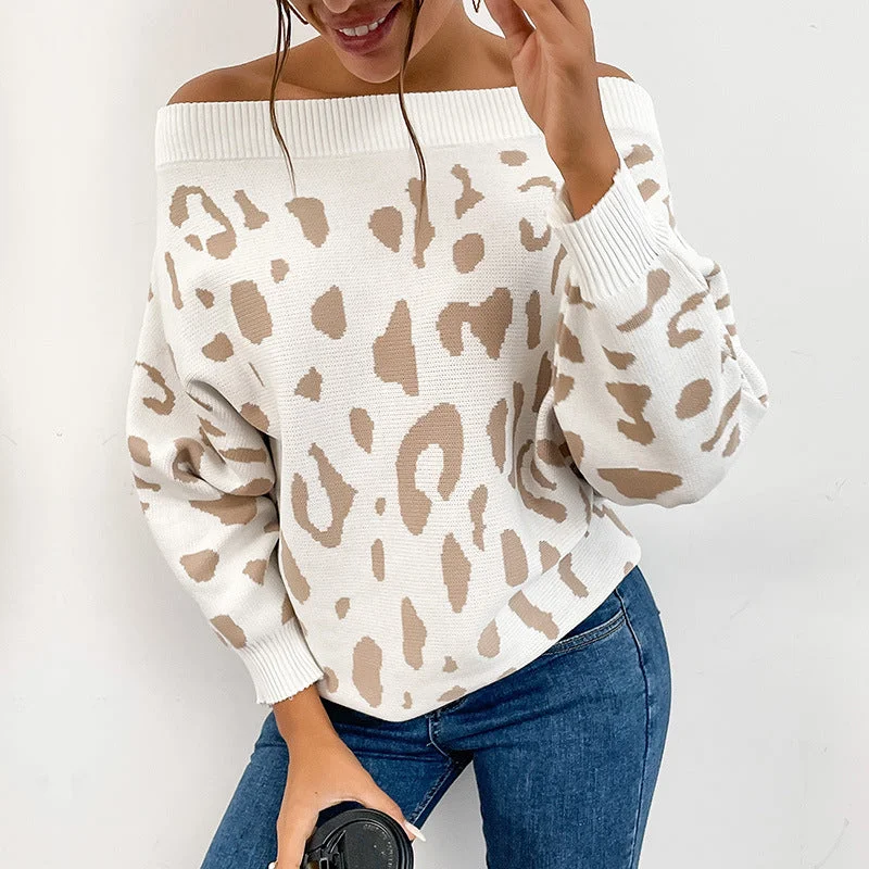 IKEARLAX New women's clothing popular autumn and winter new pullover, bat sleeve leopard print one-word shoulder sweater in stock Fleece Sweater Nylon Polyester IKEARLAX New women's clothing popular autumn and winter new pullover, bat sleeve leopard print one-word shoulder sweater in stock Fleece Sweater Nylon Polyester