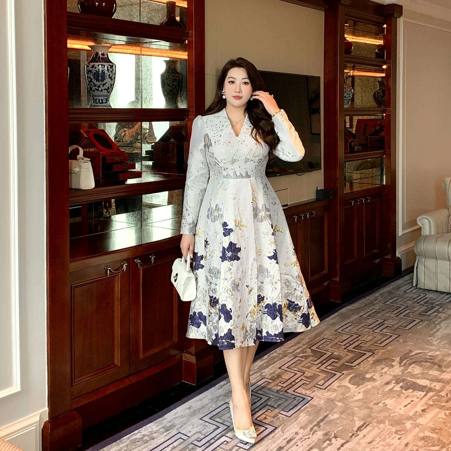 Big Size Spring Summer Jacquard Dress Occasion V-Neck Brocade Dress Women Long Sleeve Party Evening Clothing Mid-Calf Ball Gown