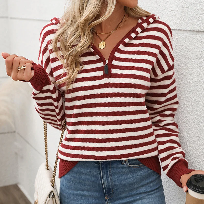 IKEARLAX 2025 foreign trade women's clothing autumn v-neck striped pullover knitted sweater ins Korean style Christmas hooded sweater women Spandex Rayon Corduroy IKEARLAX 2025 foreign trade women's clothing autumn v-neck striped pullover knitted sweater ins Korean style Christmas hooded sweater women Spandex Rayon Corduroy