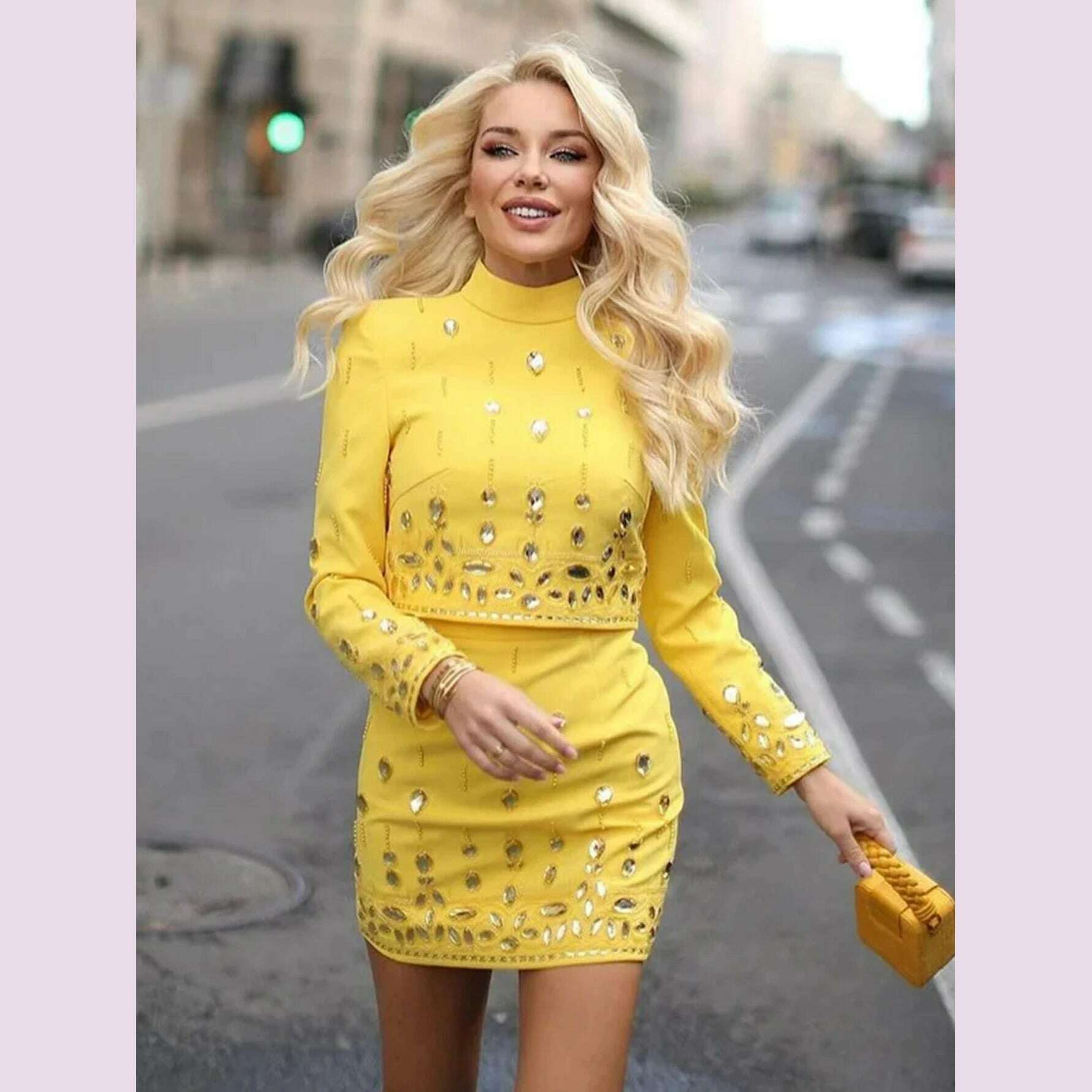 High Quality  New Fashion Women's Heavy Industry Crystal Beads Slim Fit Yellow Set Sexy Short Top+Dress Party 2 Two Piece Set