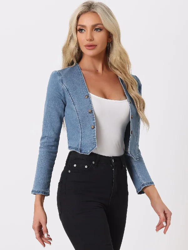 Collarless Open Front Casual Crop Denim Jacket Front Pockets Side Pockets Patch Pockets Collarless Open Front Casual Crop Denim Jacket Front Pockets Side Pockets Patch Pockets