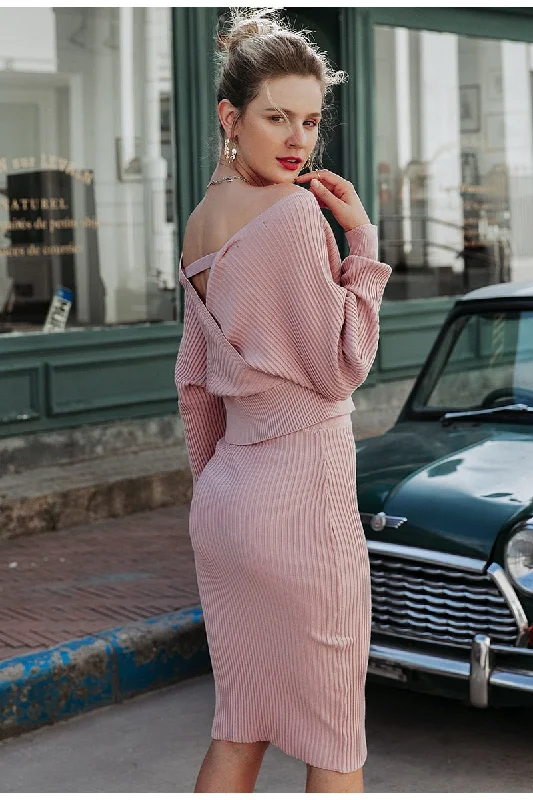 Elegant Pastel Cowled V-Neck Knit Dress