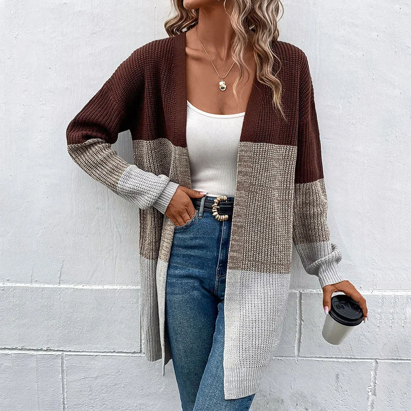 IKEARLAX 2025 knitted jacket New autumn and winter new design contrast color medium and long sweater cardigan women Terry Blend Velvet Blend Canvas Blend IKEARLAX 2025 knitted jacket New autumn and winter new design contrast color medium and long sweater cardigan women Terry Blend Velvet Blend Canvas Blend