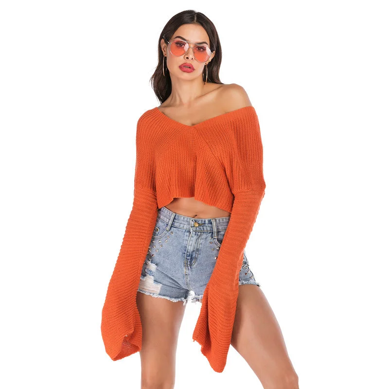 IKEARLAX 2025 New short navel sweater women's clothing autumn and winter loose lazy style long-sleeved V-neck knitted sweater Boat Neck Shawl Collar Notched Collar IKEARLAX 2025 New short navel sweater women's clothing autumn and winter loose lazy style long-sleeved V-neck knitted sweater Boat Neck Shawl Collar Notched Collar