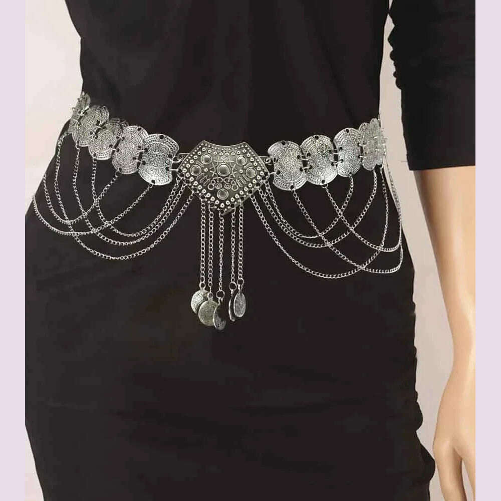 Ethnic Vintage Metal Belly Chains for Women Dancing Dress Belt Waist Chain Geometric Coin Long Tassel Indian Body Jewelry Chain