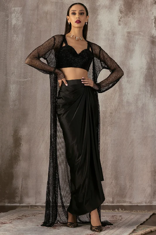 Black Drape Dhoti Skirt & Jacket Set V-Neck Jacket Boat Neck Jacket Square Neck Jacket Black Drape Dhoti Skirt & Jacket Set V-Neck Jacket Boat Neck Jacket Square Neck Jacket