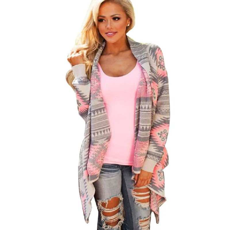 Retro Style Lady Knitted Cardigan Stylish Collarless Long Sleeve Tribal Print Asymmetrical Womens Warm Sweaters for Women Toggled Drawstring Belted