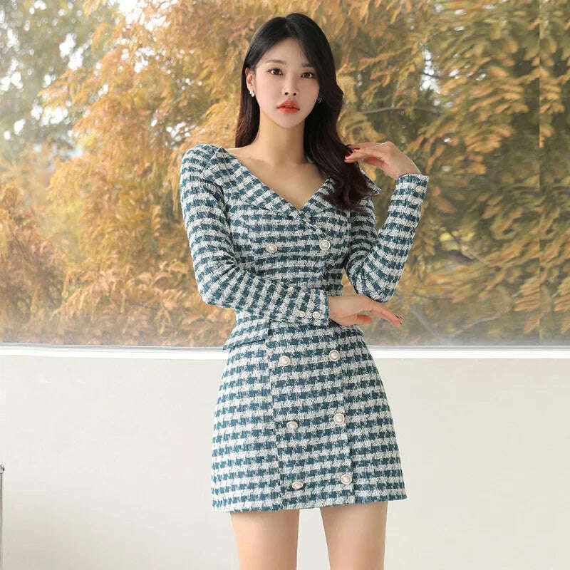 Small Fragrant Style Fashion Double breasted Slim Fit Dress Autumn New Commuting V-neck Waist Closing Thousand Bird Grid Dresses