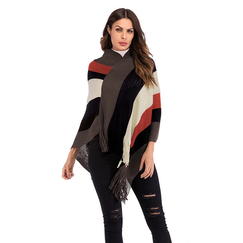 IKEARLAX Contrasting color striped knitted sweater women's clothing popular new fashion versatile irregular fringed loose pullover shawl Iron Safe Non-Iron Wrinkle Free IKEARLAX Contrasting color striped knitted sweater women's clothing popular new fashion versatile irregular fringed loose pullover shawl Iron Safe Non-Iron Wrinkle Free