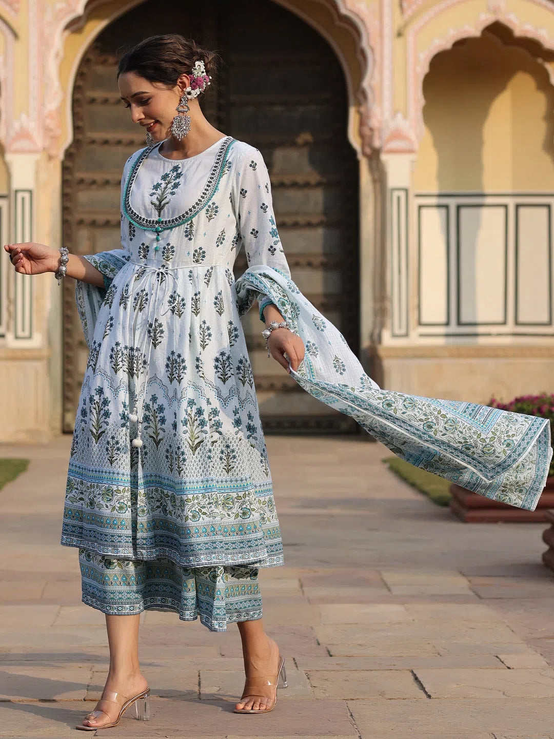 Juniper Women's Skyblue Cambric Printed With Embroidery Flared Dress