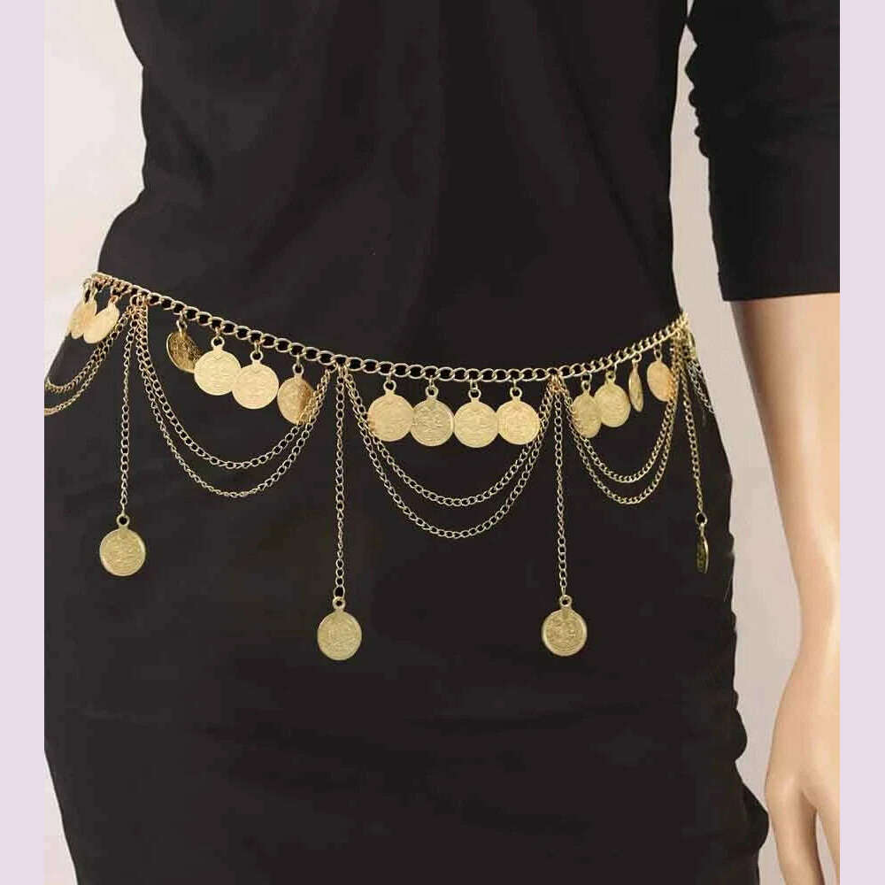 Gypsy Tribal Vintage Gold Color Metal Coin Tassel Waist Belly Chain for Women Indian Dance Afghan Ethnic Dress Belt Body Jewelry