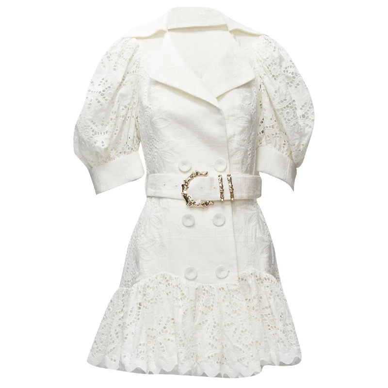 Acler embroidery eyelet puff sleeve belted double breasted dress