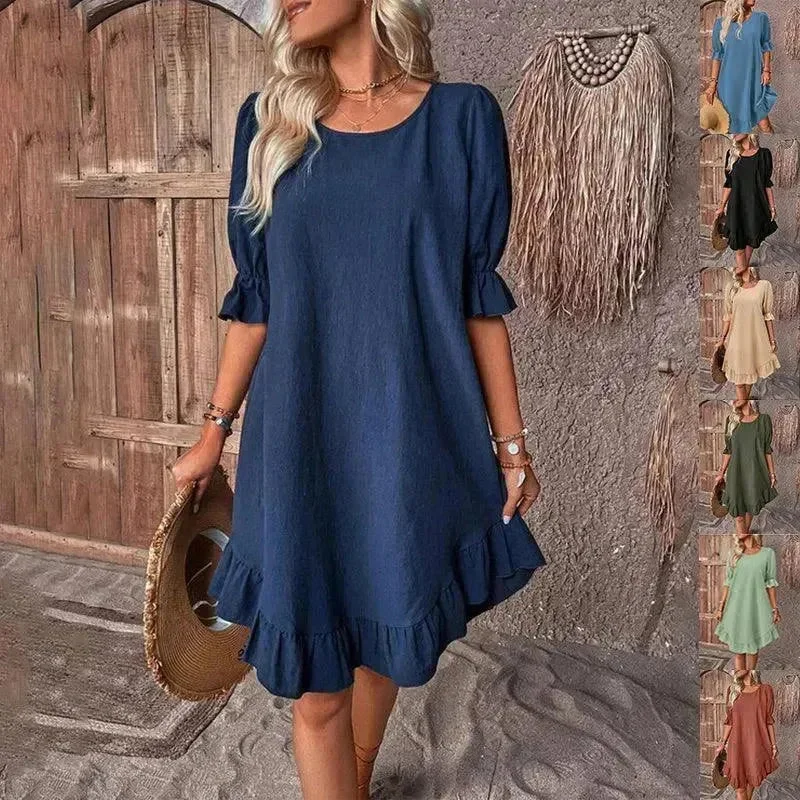 Fashion Ruffle Short-sleeved Dress Summer Solid Color Round Neck Loose Midi Straight Dress for Women. Fashion Ruffle Short-sleeved Dress Summer Solid Color Round Neck Loose Midi Straight Dress for Women.