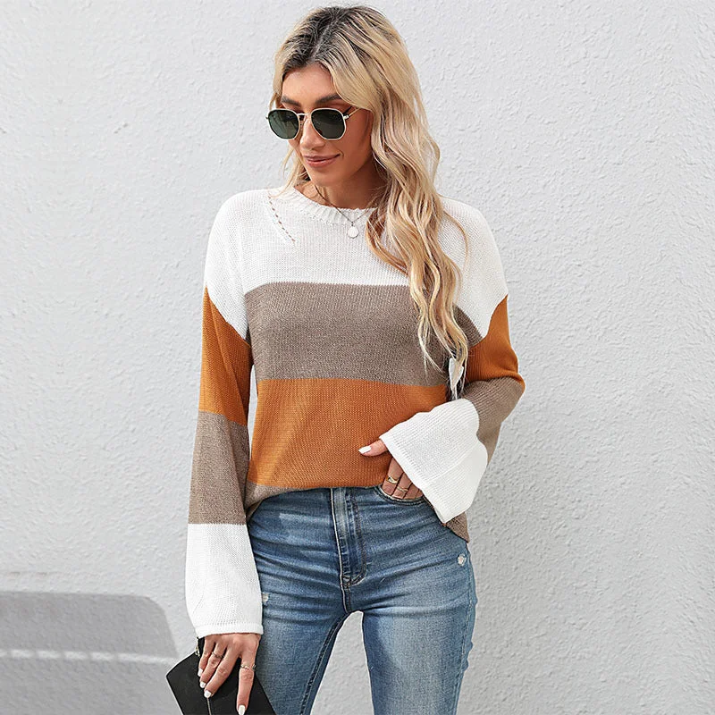 IKEARLAX Cross-border New autumn and winter new casual 2025 women's clothing crew neck striped color matching loose knitted sweater Stylish Fashionable Trendy IKEARLAX Cross-border New autumn and winter new casual 2025 women's clothing crew neck striped color matching loose knitted sweater Stylish Fashionable Trendy