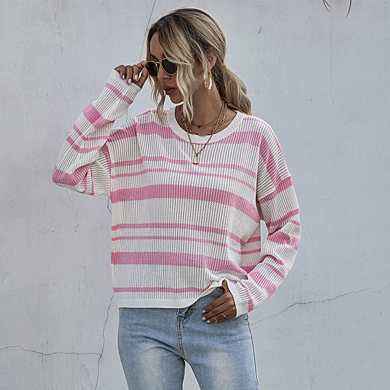 IKEARLAX cross-border 2025 trade New early autumn pink pullover round neck striped knitted sweater women's casual pullover Striped Floral Plaid IKEARLAX cross-border 2025 trade New early autumn pink pullover round neck striped knitted sweater women's casual pullover Striped Floral Plaid