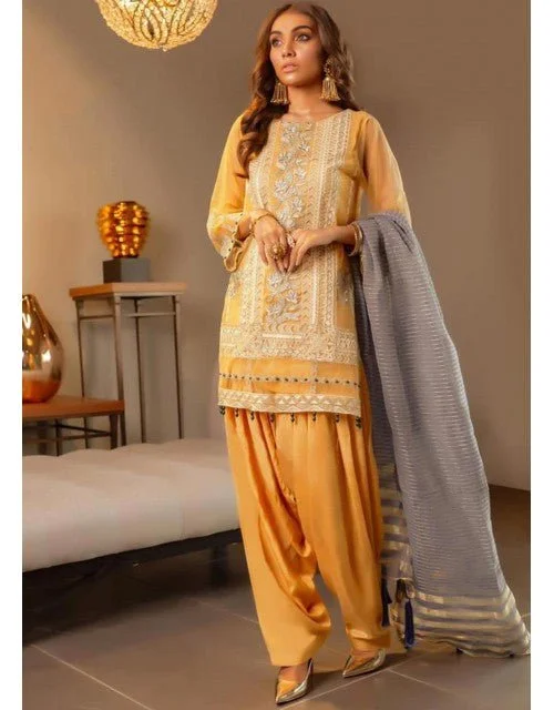 Charizma Chimmer Embroidered Chiffon Luxury 3PC  UNSTITCHED DRESS CC-25 - YELLOW