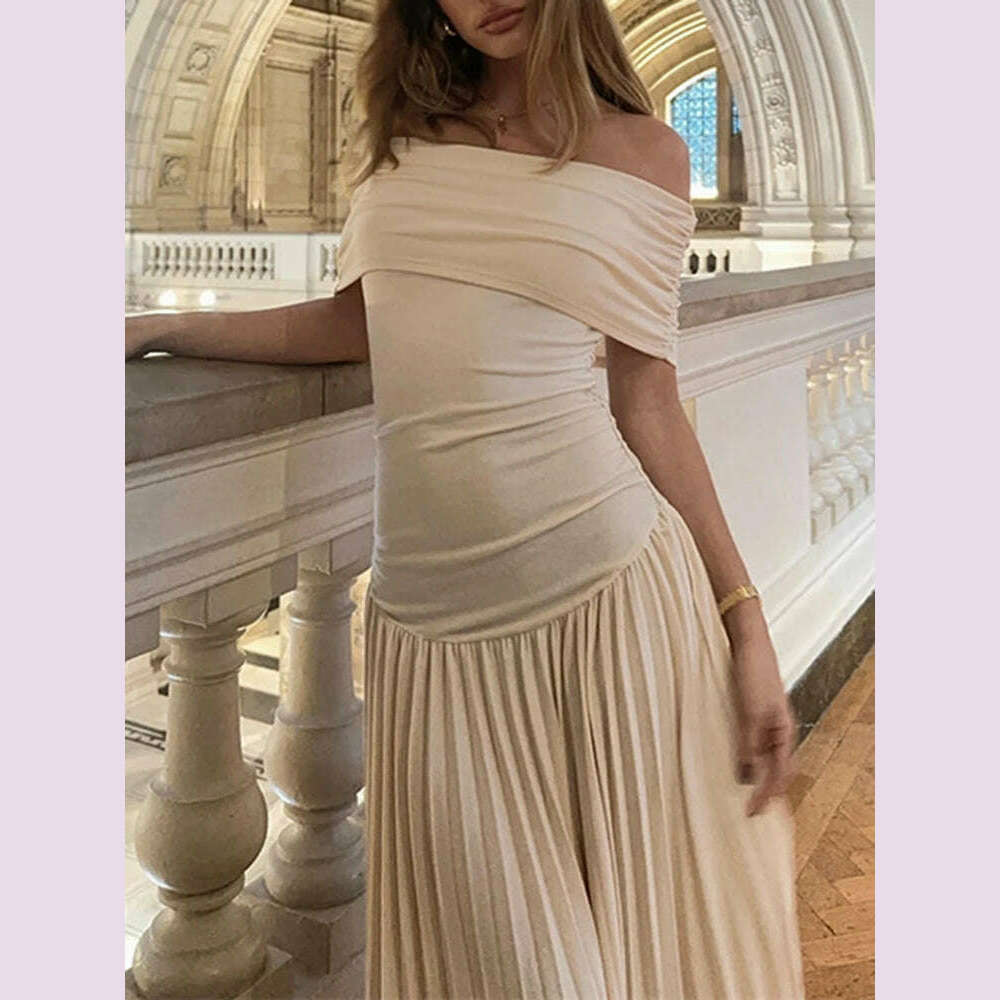 VGH Elegant Spliced Folds Dress For Women Slash Neck Off The Shoulder Sleeve Backless High Waist Temperament Dresses Female New