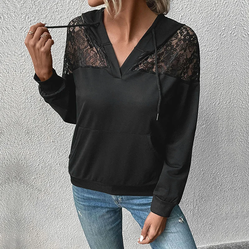 IKEARLAX New 2025 Hot Trade Women's Clothing New Autumn and Winter New Long Sleeve Lace Splicing Cross-border Hooded Sweater Fitted Loose Oversized IKEARLAX New 2025 Hot Trade Women's Clothing New Autumn and Winter New Long Sleeve Lace Splicing Cross-border Hooded Sweater Fitted Loose Oversized