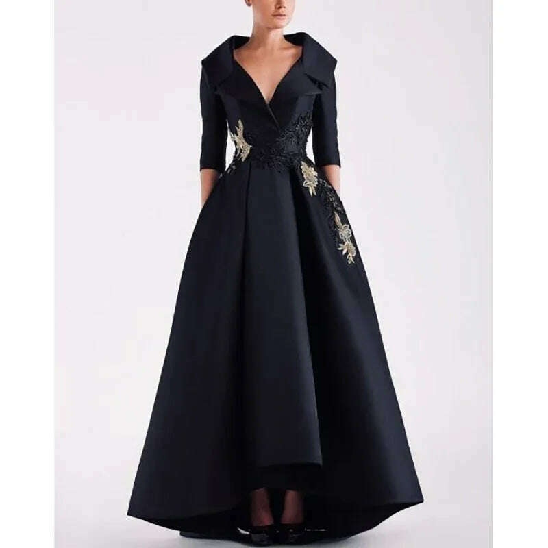 Luxury Black Evening Dress V-Neck Half Sleeve Appliques Floor Length Satin Pleat Formal Occasion Elegant Women Special Party Luxury Black Evening Dress V-Neck Half Sleeve Appliques Floor Length Satin Pleat Formal Occasion Elegant Women Special Party
