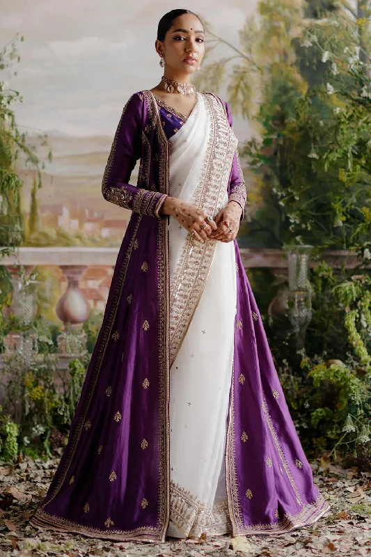 Off White Saree With Purple Jacket Set Zippered Jacket Buttoned Jacket Snapped Jacket Off White Saree With Purple Jacket Set Zippered Jacket Buttoned Jacket Snapped Jacket
