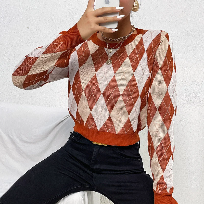 IKEARLAX New popular autumn and winter new sweater wearing 2025 retro Popular trade women's knitted sweater diamond short Elasticated Padded Insulated IKEARLAX New popular autumn and winter new sweater wearing 2025 retro Popular trade women's knitted sweater diamond short Elasticated Padded Insulated