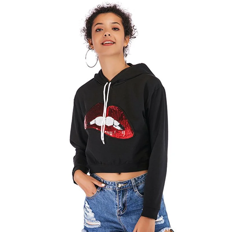 IKEARLAX popular 2025 women's clothing sequined lips hooded long-sleeved short sweater women's pullover navel casual jacket Transparent Opaque Sheer