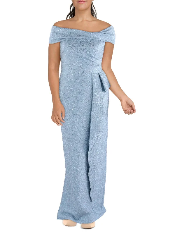 Womens Metallic Off-The-Shoulder Evening Dress