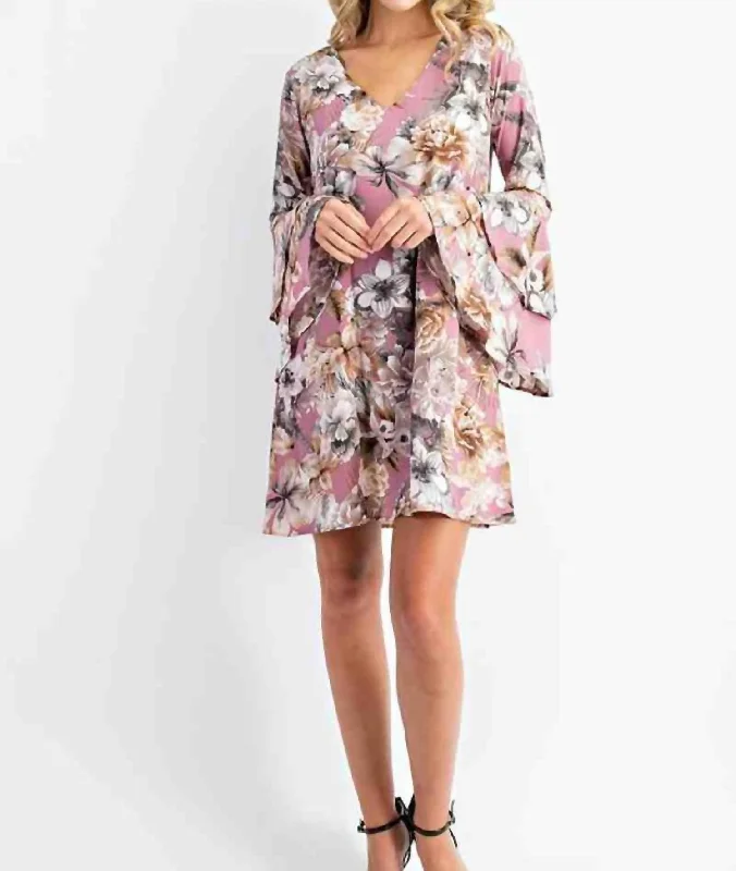Tiered Ruffle Sleeve Dress In Dusty Pink