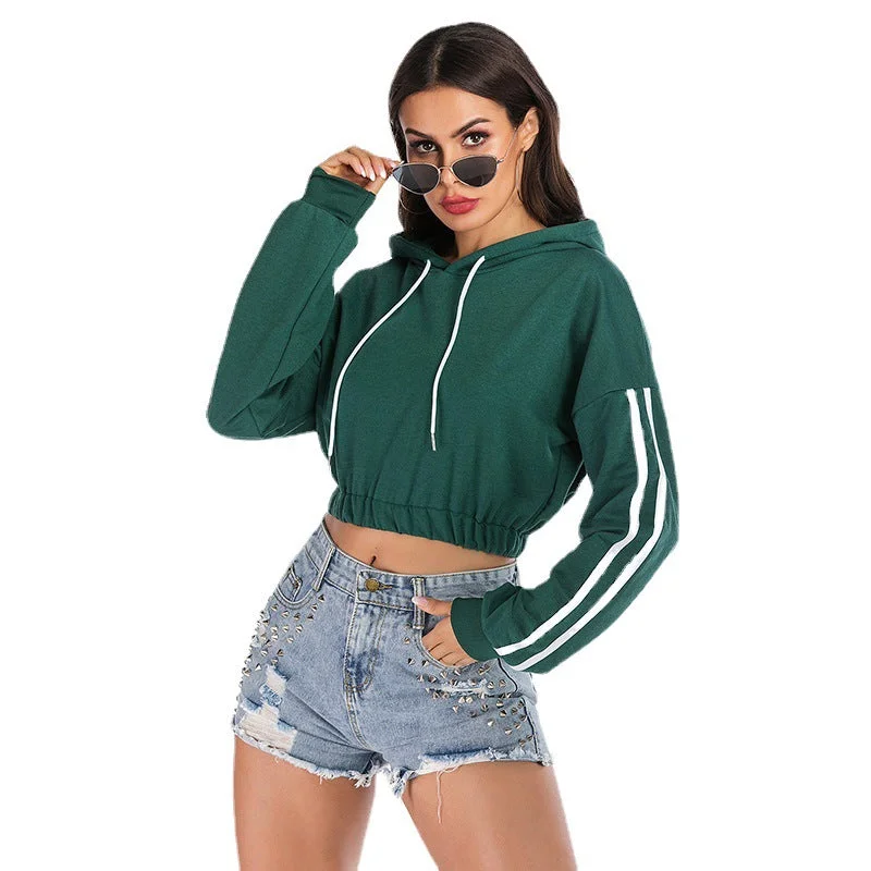 IKEARLAX New popular autumn 2025 women's clothing sports striped green short long-sleeved hooded navel sweater women Print Jacquard Patchwork IKEARLAX New popular autumn 2025 women's clothing sports striped green short long-sleeved hooded navel sweater women Print Jacquard Patchwork