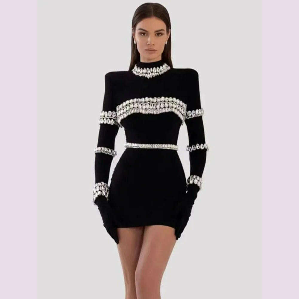 Solid Nude Women Winter Sexy Turtleneck Beading Long Sleeve Black Mini Bandage Dress 2024 Elegant Evening Club Party Dress
