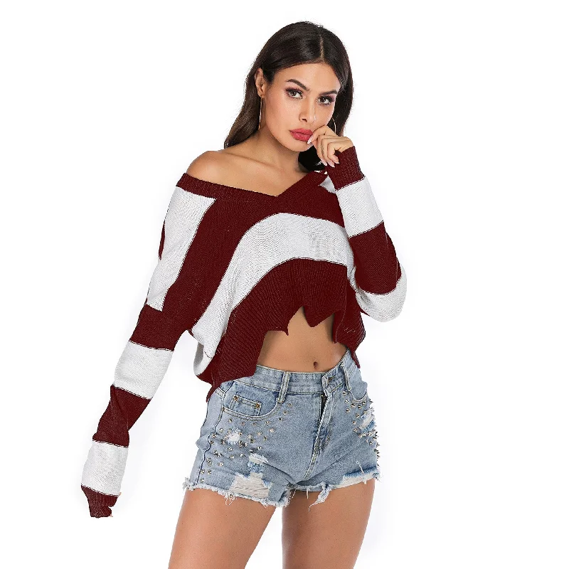 IKEARLAX women's popular autumn and winter sweater women's 2025 wavy edge V-neck striped short open-navel loose knitted sweater Slim Fit Regular Fit Oversized IKEARLAX women's popular autumn and winter sweater women's 2025 wavy edge V-neck striped short open-navel loose knitted sweater Slim Fit Regular Fit Oversized